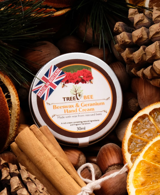 TreeBee 30ml-Premium Beeswax Hand Cream with Geranium Essential Oil, Luxury Moisturiser, Holistic Hand Care